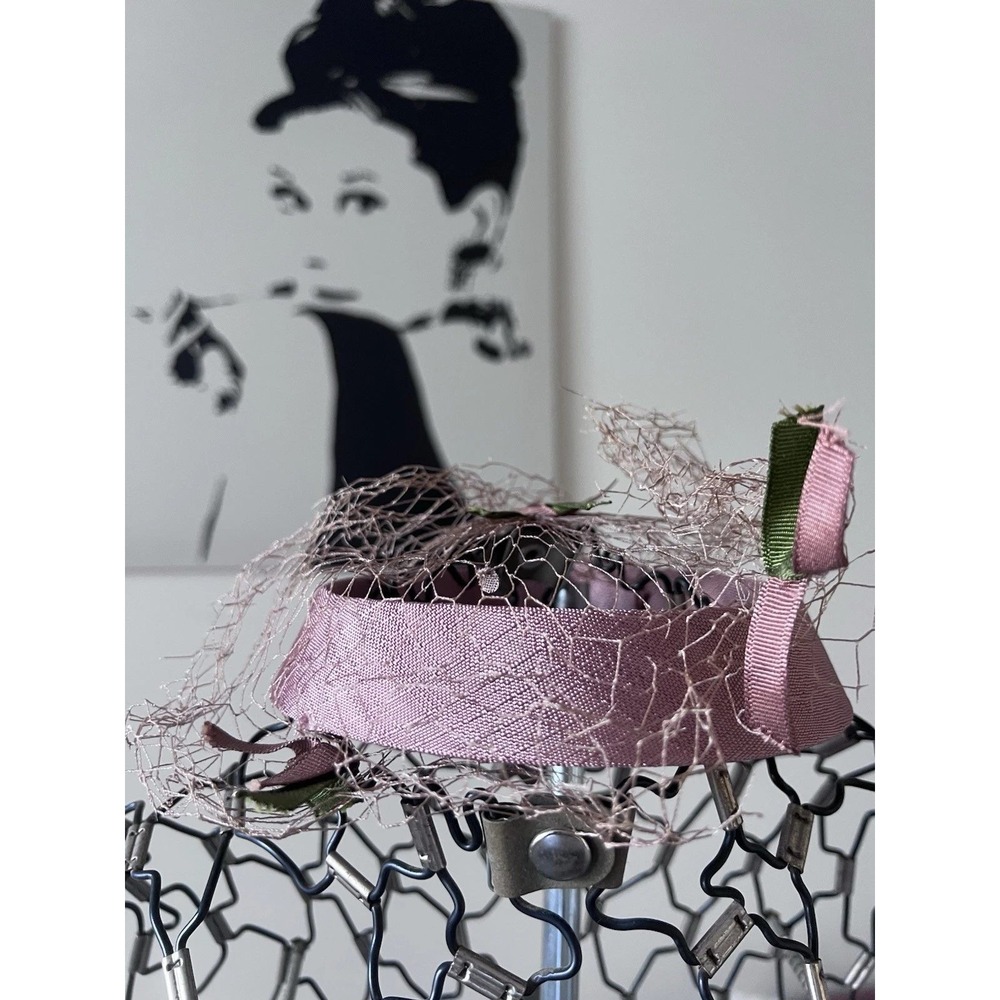 Vintage Pink Pillbox Fascinator Hat with Netting and Green Ribbon Detail